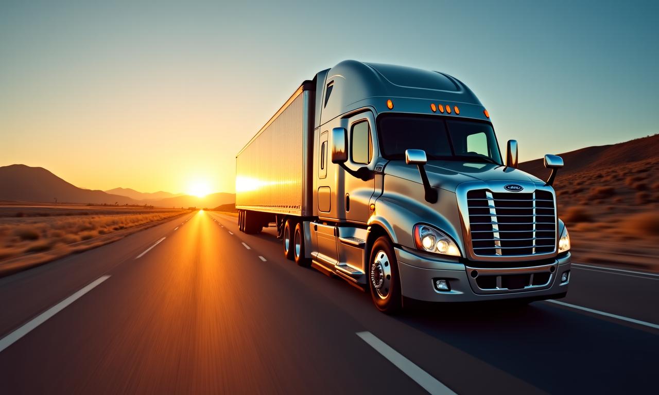 Modern semi-truck on a California highway at sunrise